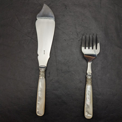 英國古董銀盤魚服務器套裝白色蝴蝶貝殼手柄